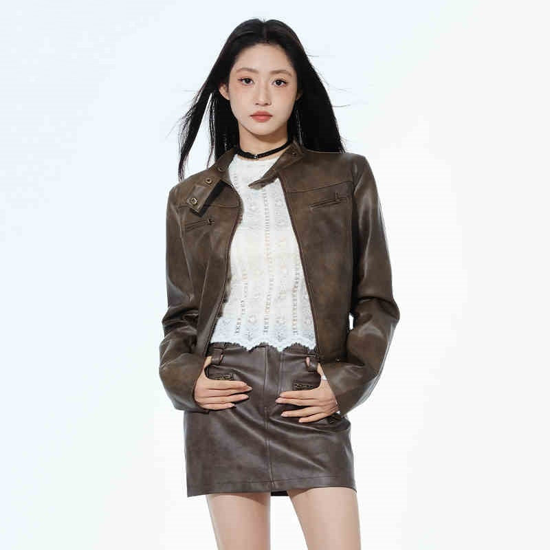 Short Leather Jacket Slim Brown Jacket Motorcycle Jacket - Khaki / M