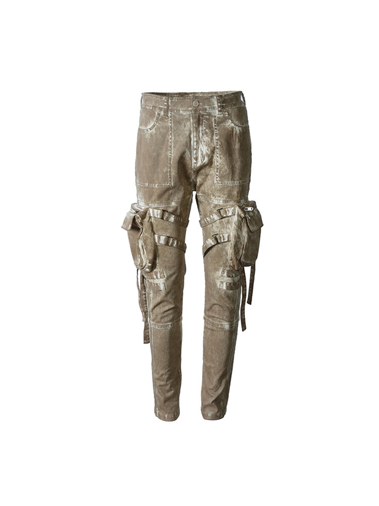 Readymade Dyed And Worn Overalls Casual Pants For Men - Khaki / S