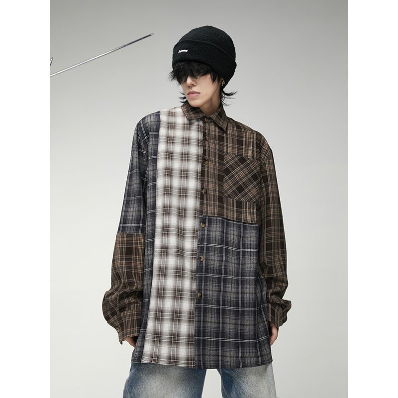 Irregular Patchwork Plaid Long Sleeved Shirt - Khaki / M