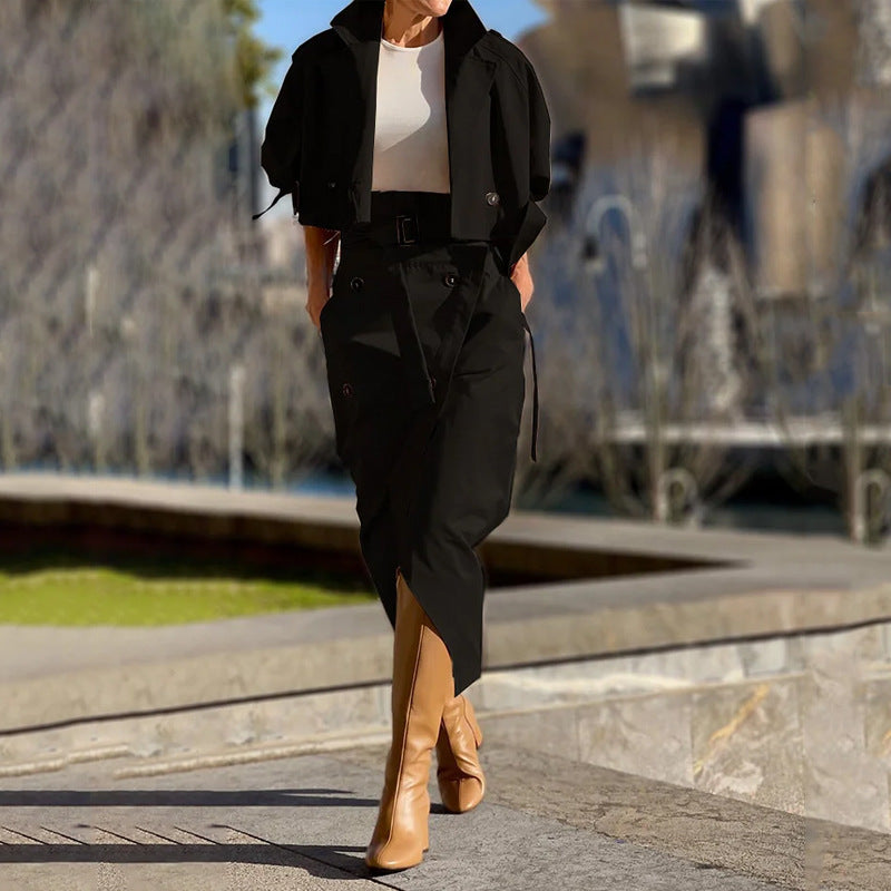 European And American Leisure Workwear Elegant Button Belt Suit Skirt - Black / S