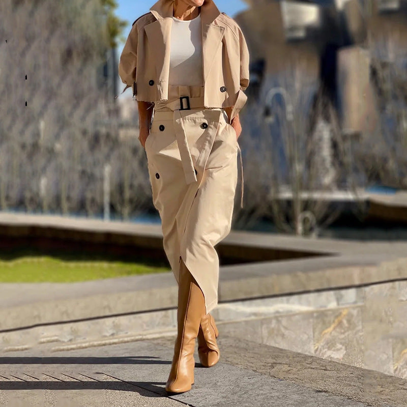 European And American Leisure Workwear Elegant Button Belt Suit Skirt - Khaki / S