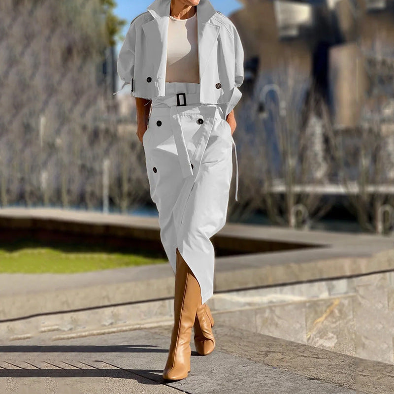 European And American Leisure Workwear Elegant Button Belt Suit Skirt - White / S