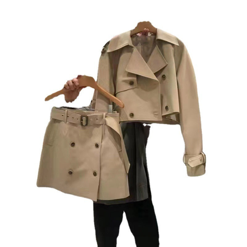 Fashion Short Suit Skirt Long-sleeved Coat Short Skirt Two-piece Suit For Women - Khaki / S