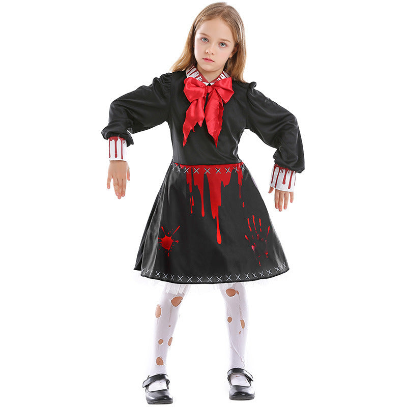 Family Horror Doll Costume Women Gothic Bloody Zombie Scary Costume Adult Halloween Horror Doll Cosplay Costume