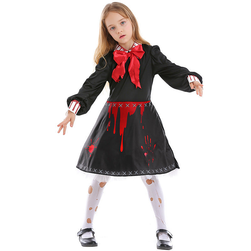 Family Horror Doll Costume Women Gothic Bloody Zombie Scary Costume Adult Halloween Horror Doll Cosplay Costume