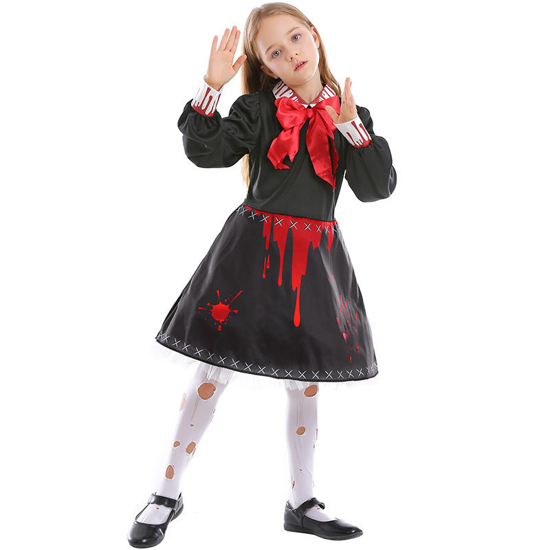 Family Horror Doll Costume Women Gothic Bloody Zombie Scary Costume Adult Halloween Horror Doll Cosplay Costume