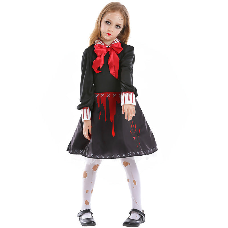 Family Horror Doll Costume Women Gothic Bloody Zombie Scary Costume Adult Halloween Horror Doll Cosplay Costume