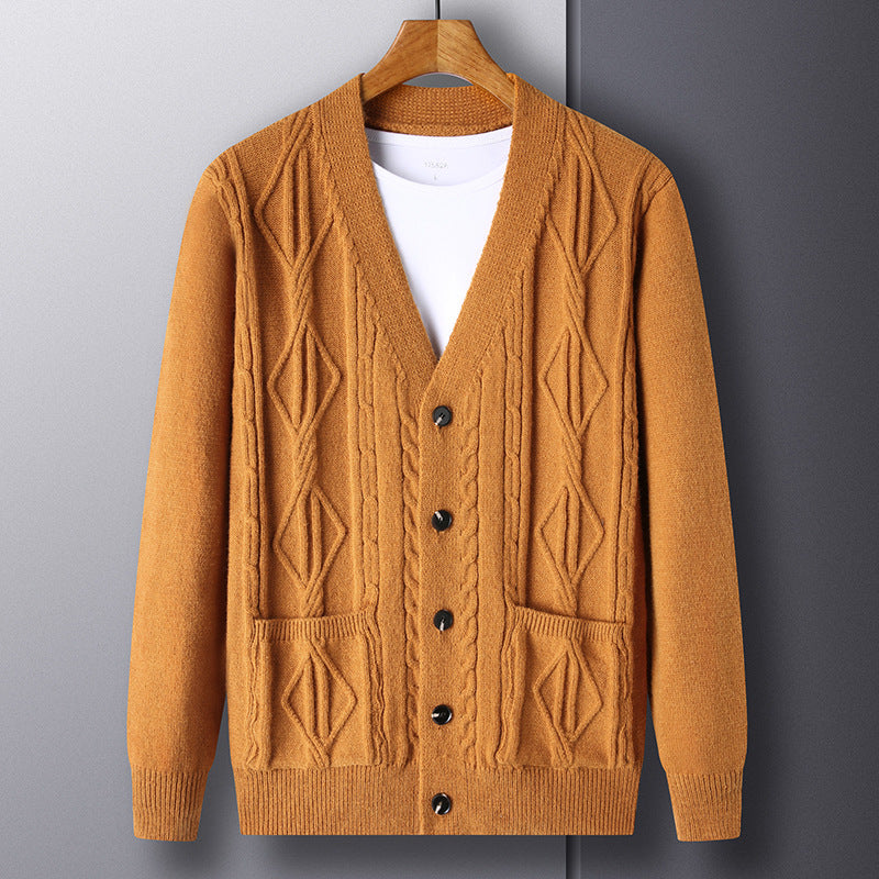 Knitted Cardigan Rhombus Loose Casual Sweater Coat Men - M8512 Orange / M