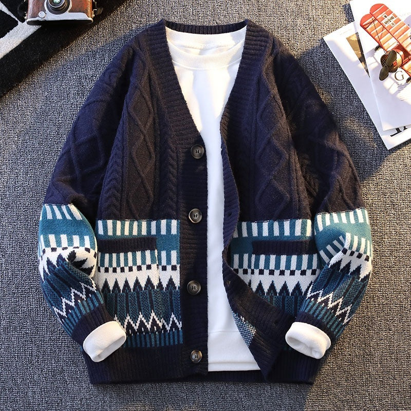 Knitwear All-match Loose Contrast Color Warm Coat - Navy Blue / M