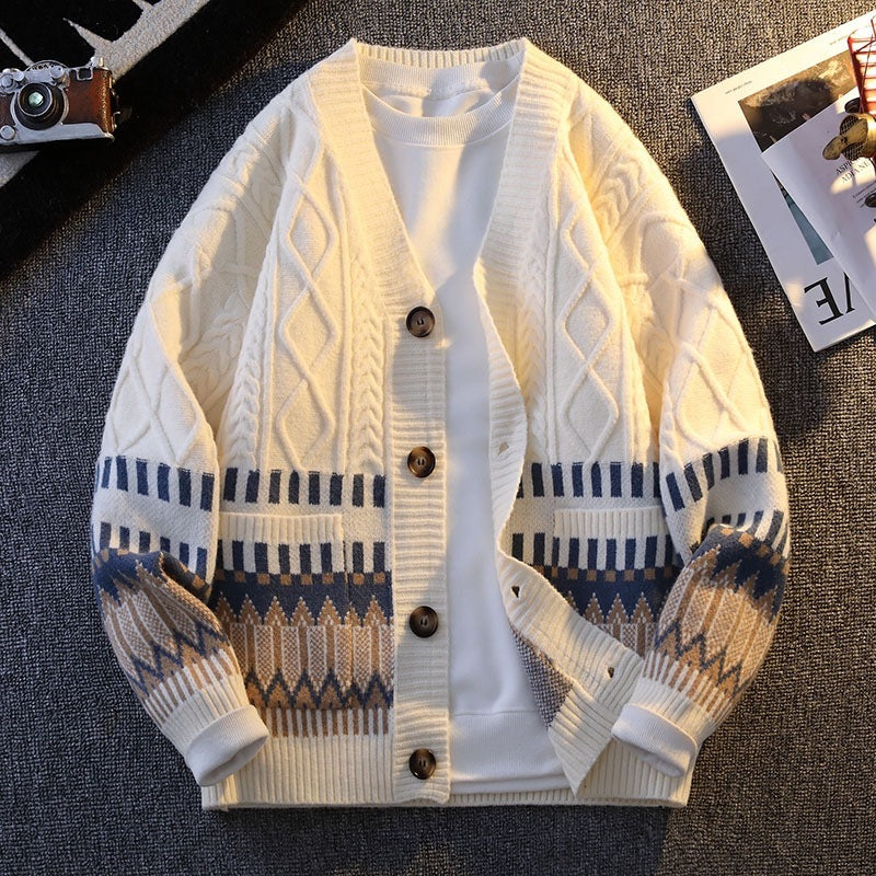 Knitwear All-match Loose Contrast Color Warm Coat - White / M