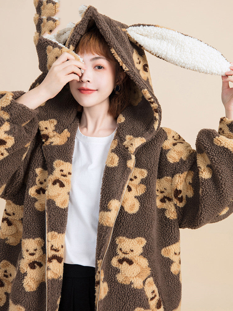 Bear print padded lamb wool coat