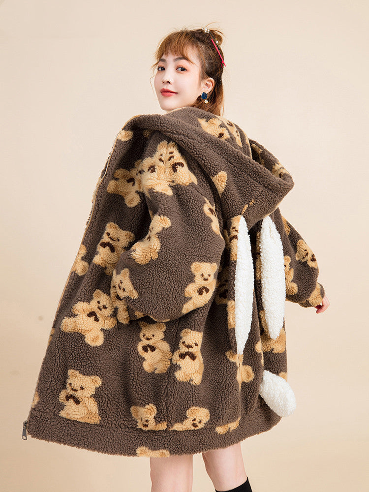 Bear print padded lamb wool coat