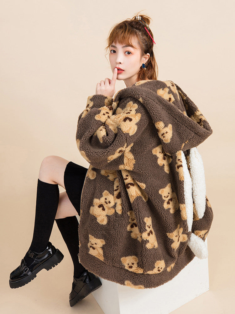 Bear print padded lamb wool coat