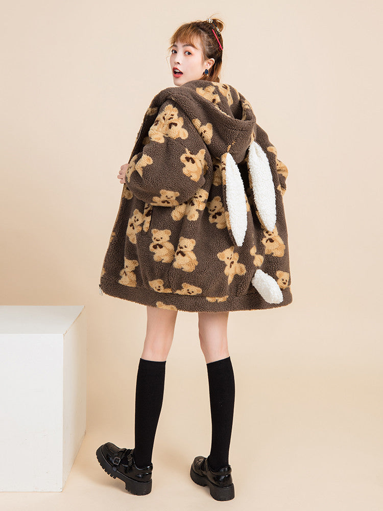 Bear print padded lamb wool coat - Brown / M