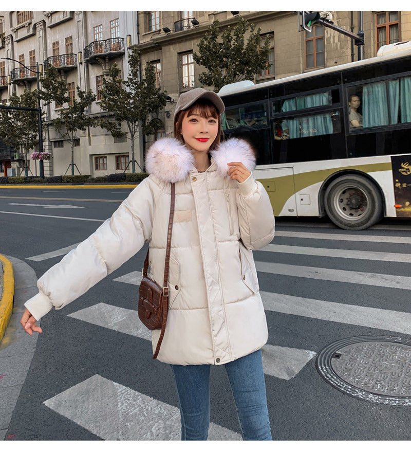 Women’s Cotton-padded Coat Korean Big Fur Collar - Beige / S