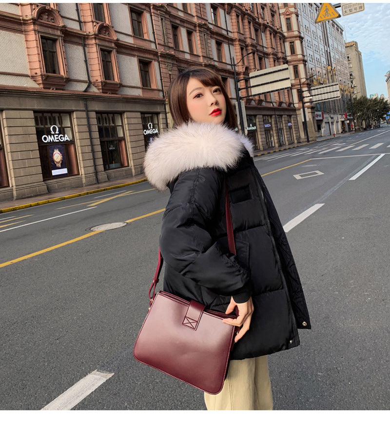 Women’s Cotton-padded Coat Korean Big Fur Collar - Black / S