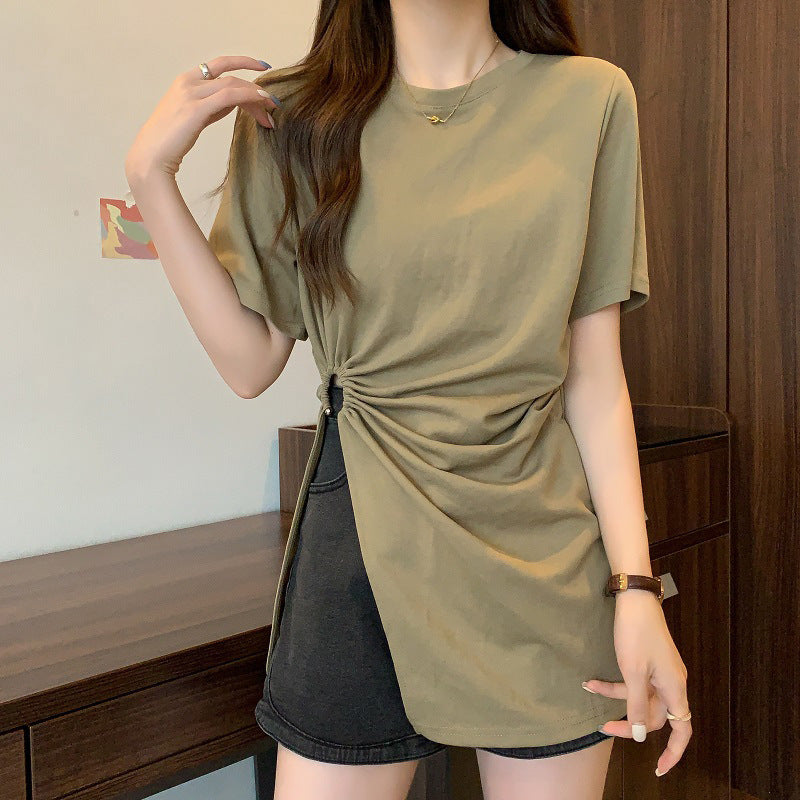 Cotton Irregular Split Short-sleeved T-shirt Women’s Summer