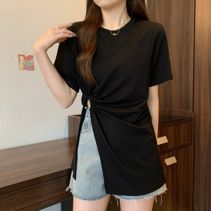 Cotton Irregular Split Short-sleeved T-shirt Women’s Summer - Black / S