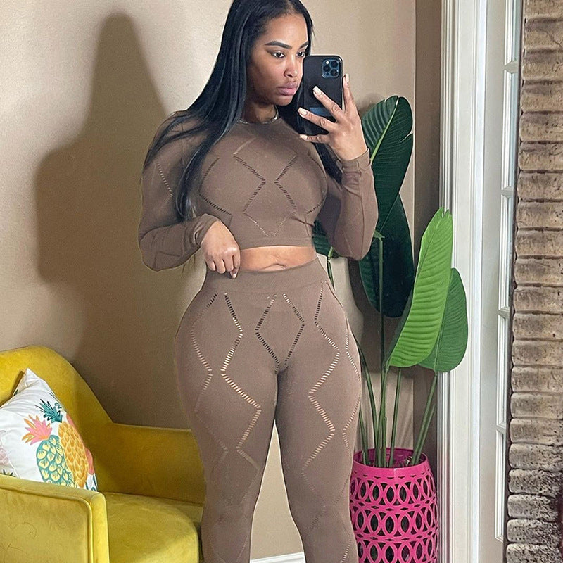 Women’s Hollow-out Ripped High Waist Tight Pants Casual Sports Suit