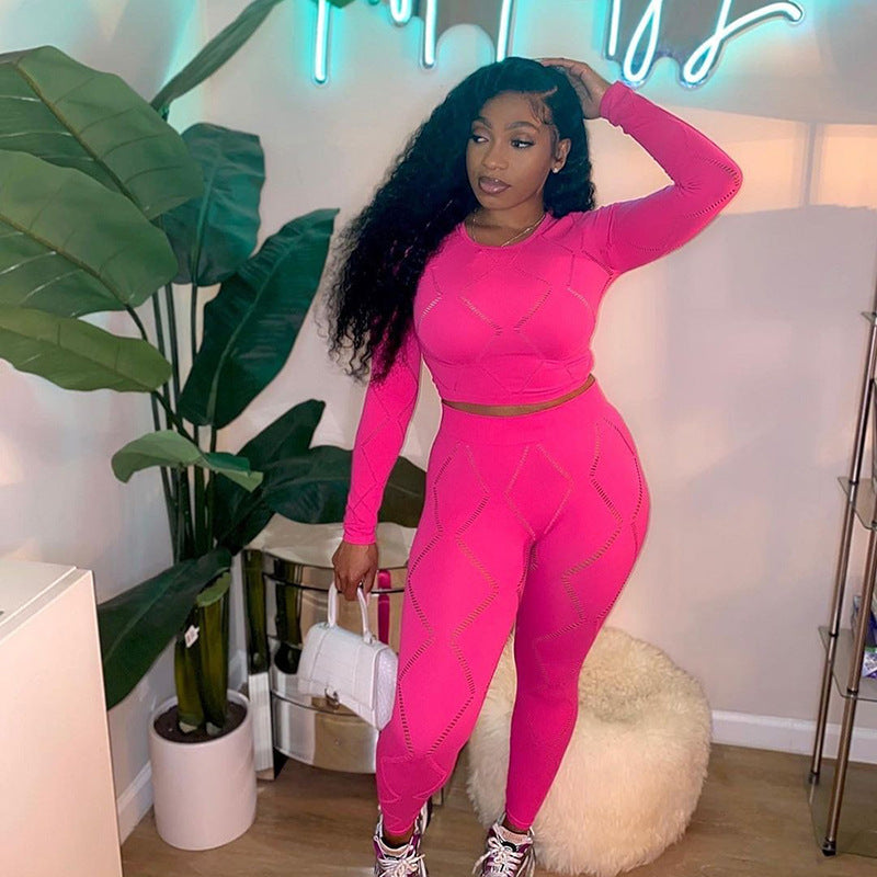 Women’s Hollow-out Ripped High Waist Tight Pants Casual Sports Suit
