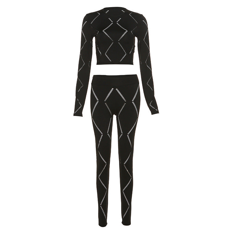 Women’s Hollow-out Ripped High Waist Tight Pants Casual Sports Suit - Black / S