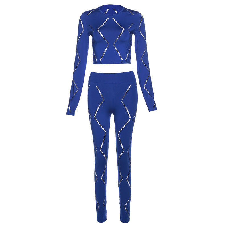 Women’s Hollow-out Ripped High Waist Tight Pants Casual Sports Suit - Blue / S