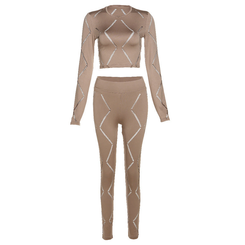 Women’s Hollow-out Ripped High Waist Tight Pants Casual Sports Suit - Brown / S