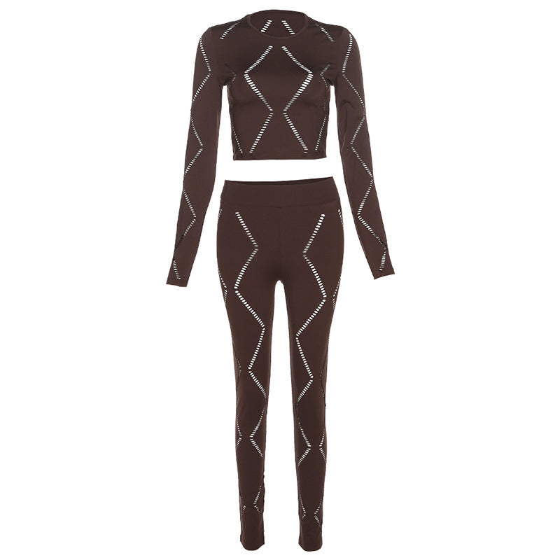 Women’s Hollow-out Ripped High Waist Tight Pants Casual Sports Suit - Coffee / S