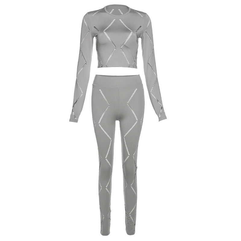 Women’s Hollow-out Ripped High Waist Tight Pants Casual Sports Suit - Gray / S