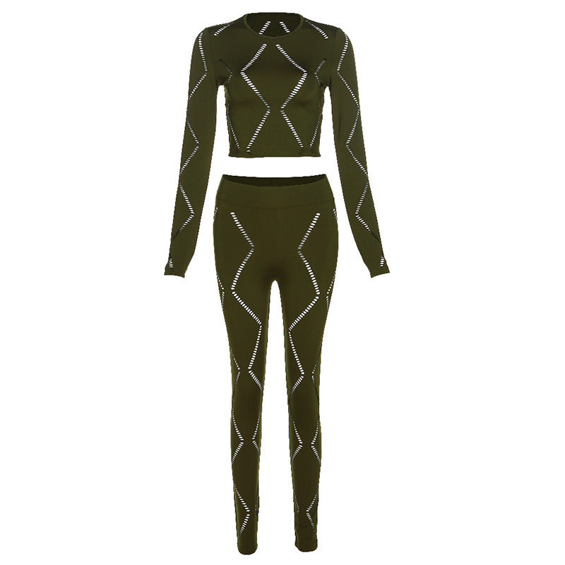 Women’s Hollow-out Ripped High Waist Tight Pants Casual Sports Suit - Green / S