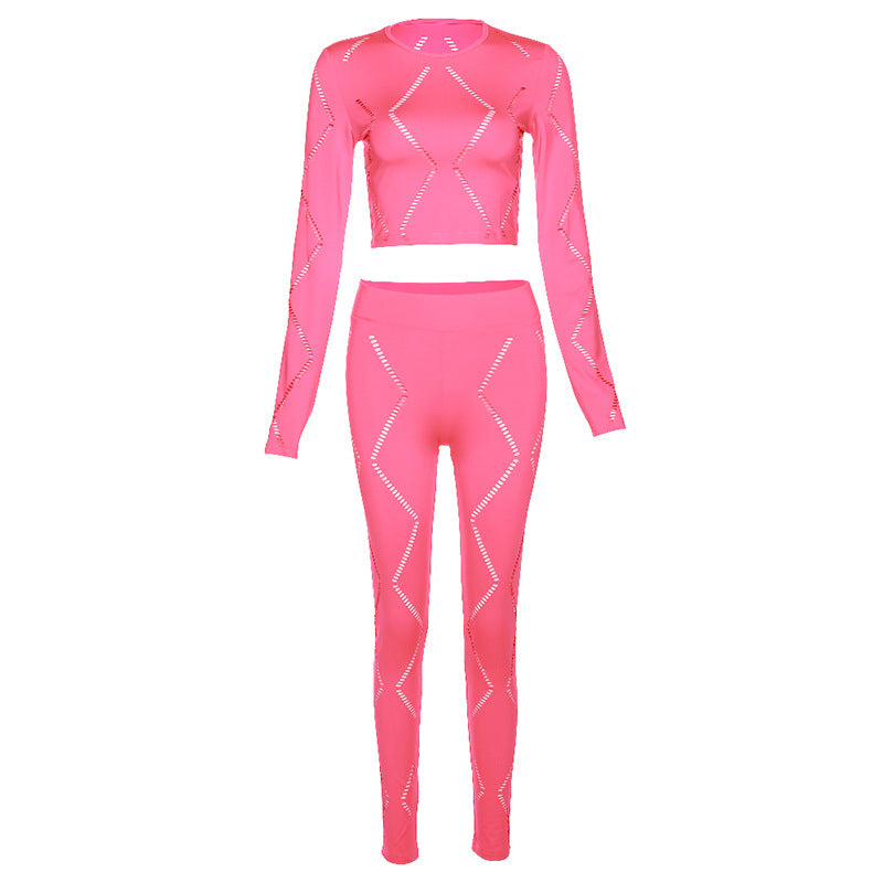 Women’s Hollow-out Ripped High Waist Tight Pants Casual Sports Suit - Rose Red / S