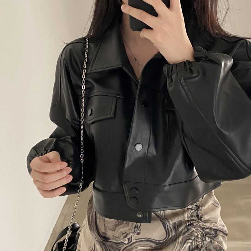 Chic Lapel Double Pocket Leather Top Leather Coat - Black / Free Size
