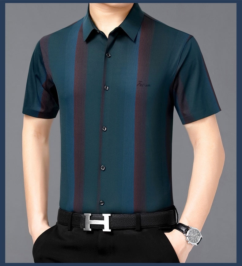 Summer New Men’s Shirt Daily Casual Loose Lapel Stripe Contrast Color