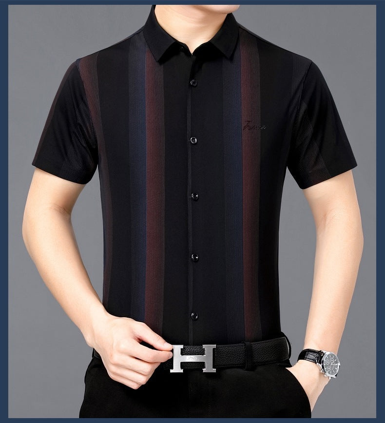Summer New Men’s Shirt Daily Casual Loose Lapel Stripe Contrast Color - Black / M