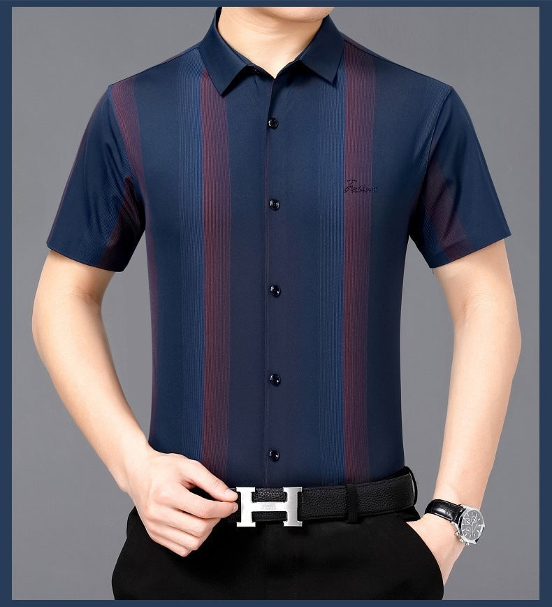 Summer New Men’s Shirt Daily Casual Loose Lapel Stripe Contrast Color - Blue / M
