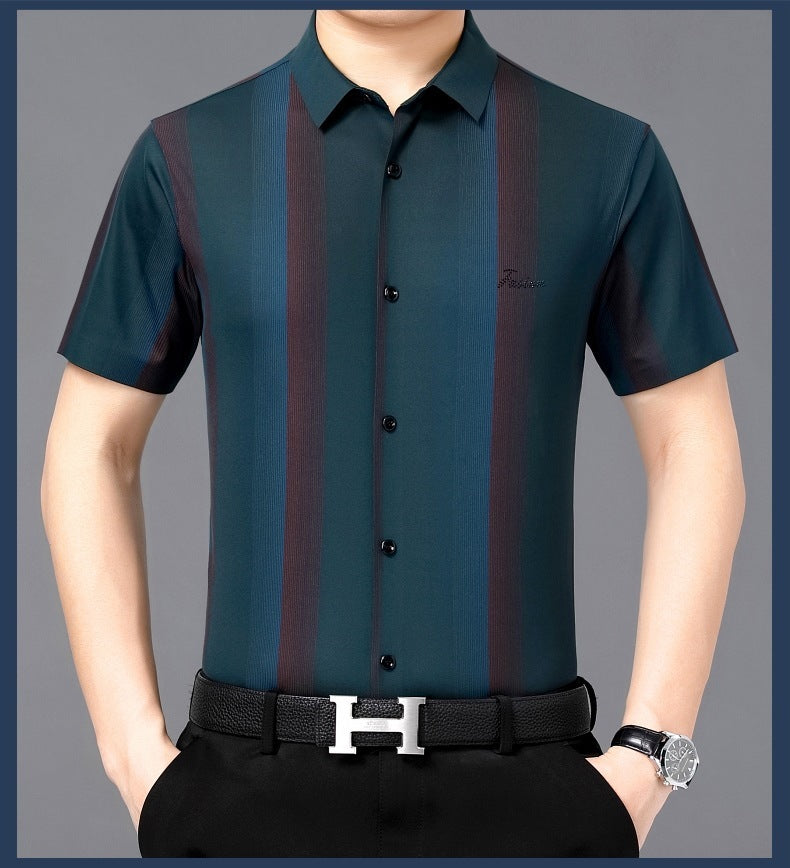 Summer New Men’s Shirt Daily Casual Loose Lapel Stripe Contrast Color - Green / M