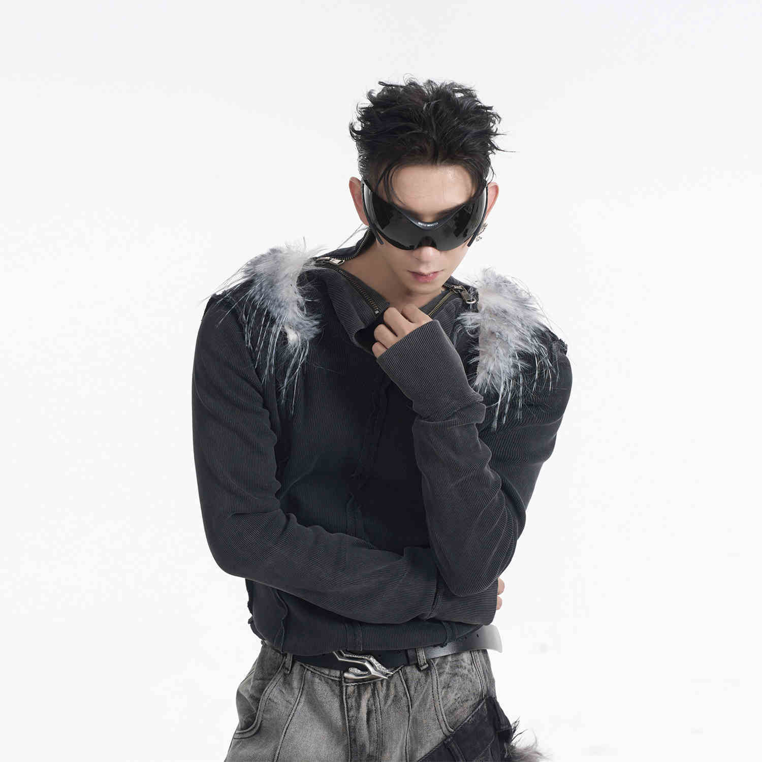 Turtleneck Patchwork Fur Short-sleeved T-shirt Men - Gray / M