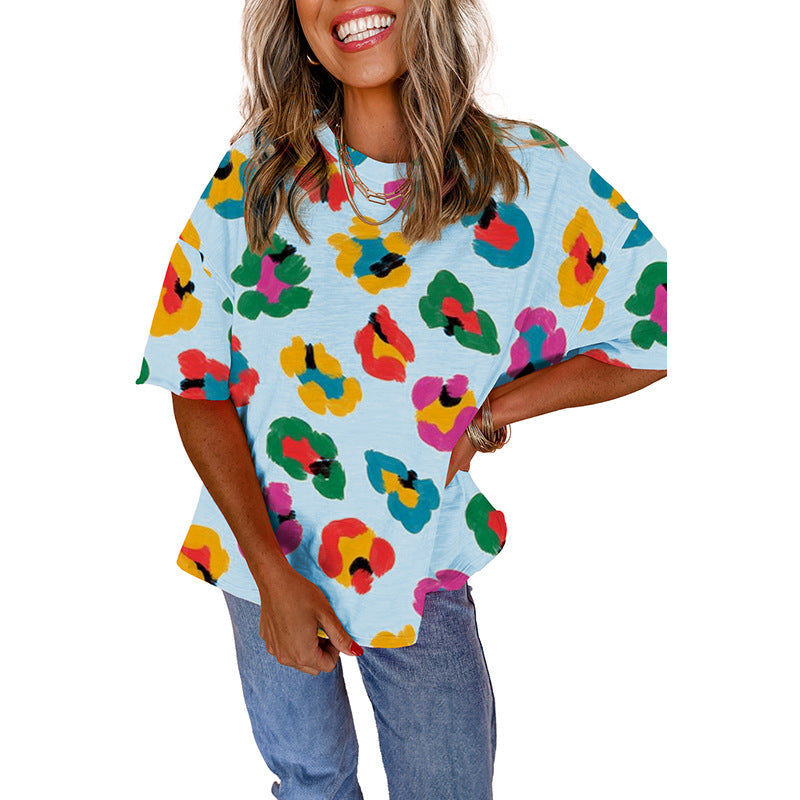 Fashion Colorblock Half Sleeve Pullover Top - Light Blue / S