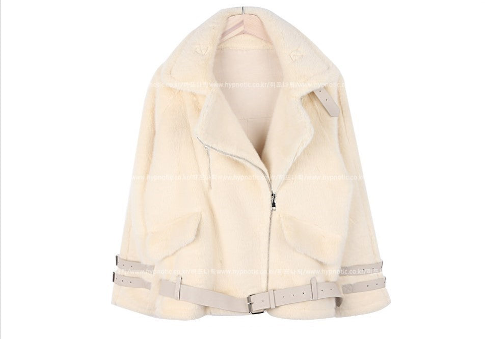 Women’s coat leather buckle fur coat women - Beige / M