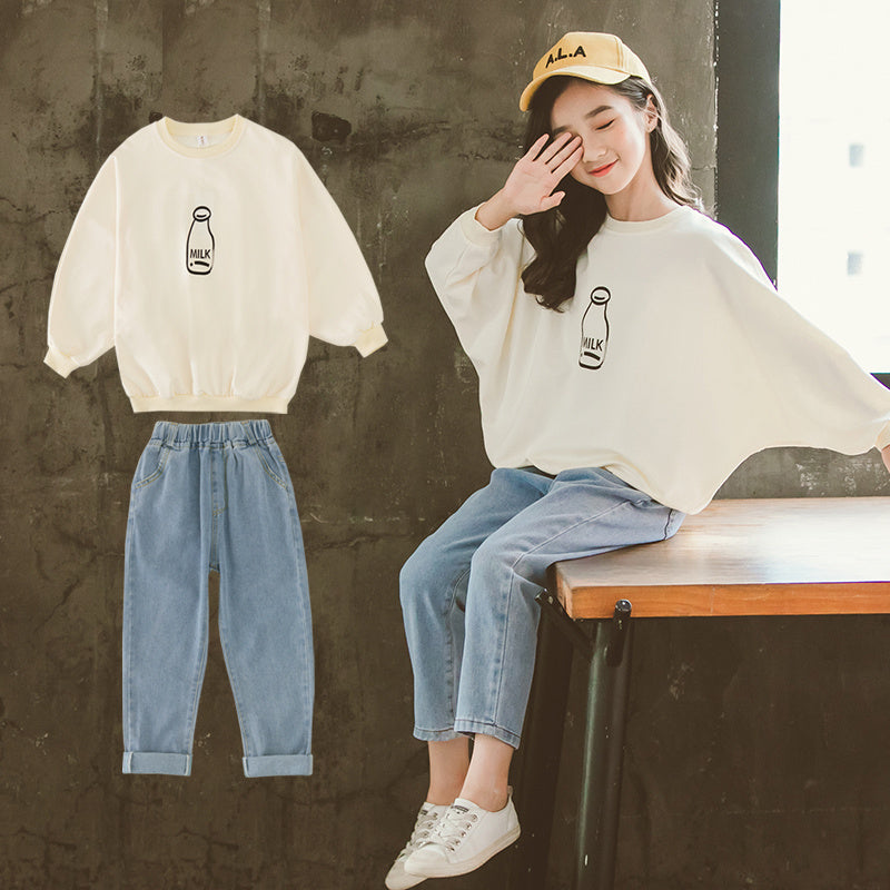 Girls’ Clothes Beer Print Top Jeans Suit Western Style