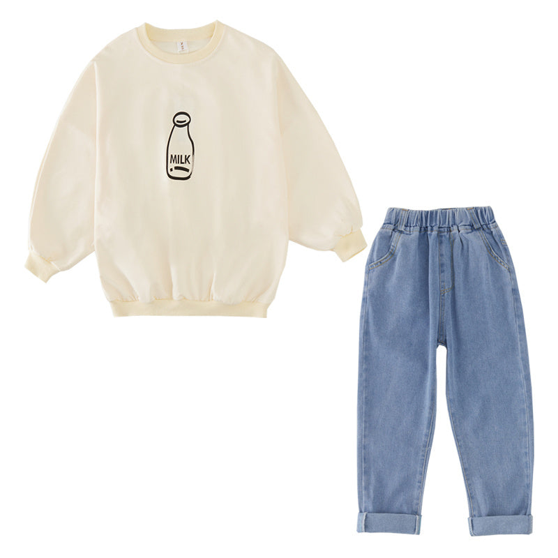 Girls’ Clothes Beer Print Top Jeans Suit Western Style