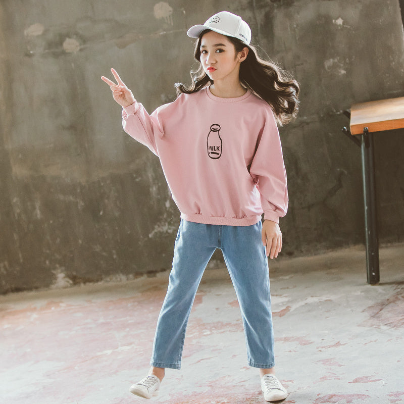 Girls’ Clothes Beer Print Top Jeans Suit Western Style