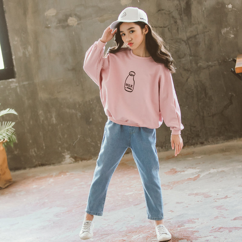 Girls’ Clothes Beer Print Top Jeans Suit Western Style - Pink / 110cm