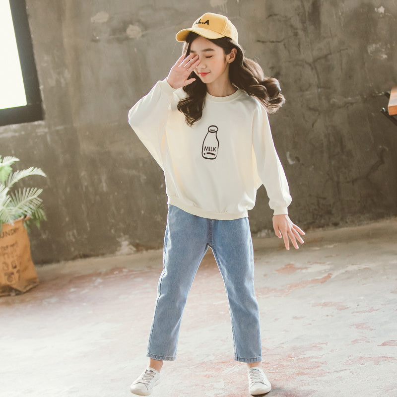 Girls’ Clothes Beer Print Top Jeans Suit Western Style - White / 110cm
