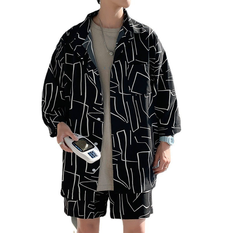 Shirt Five-point Pants Ice Silk Suit - Black / M