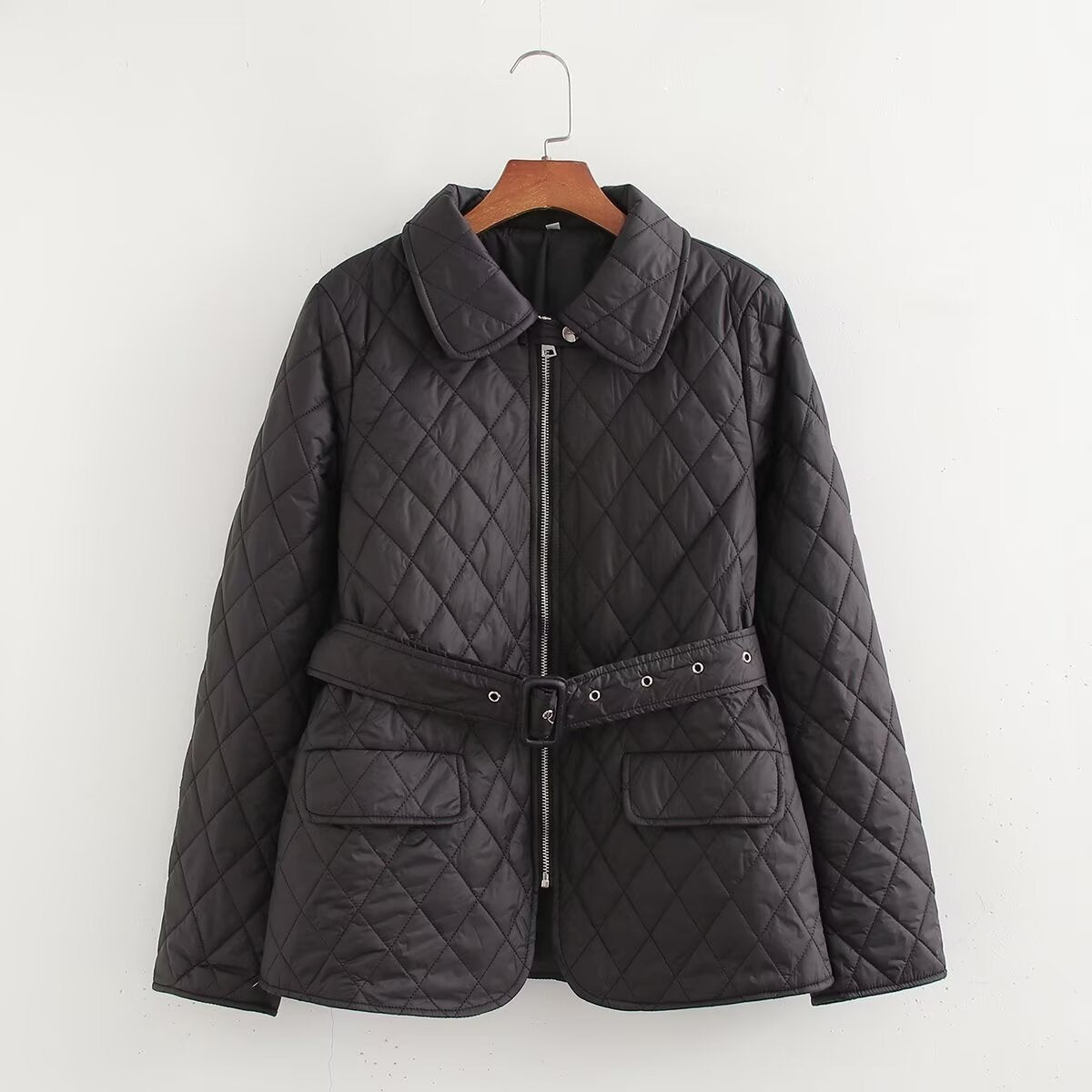 Fashion Simple With Belt Quilted Cotton Coat Jacket - Black / S
