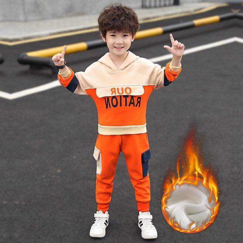 Boys and girls clothing plus fleece jacket hooded sweater - Boy Thick orange / 130cm