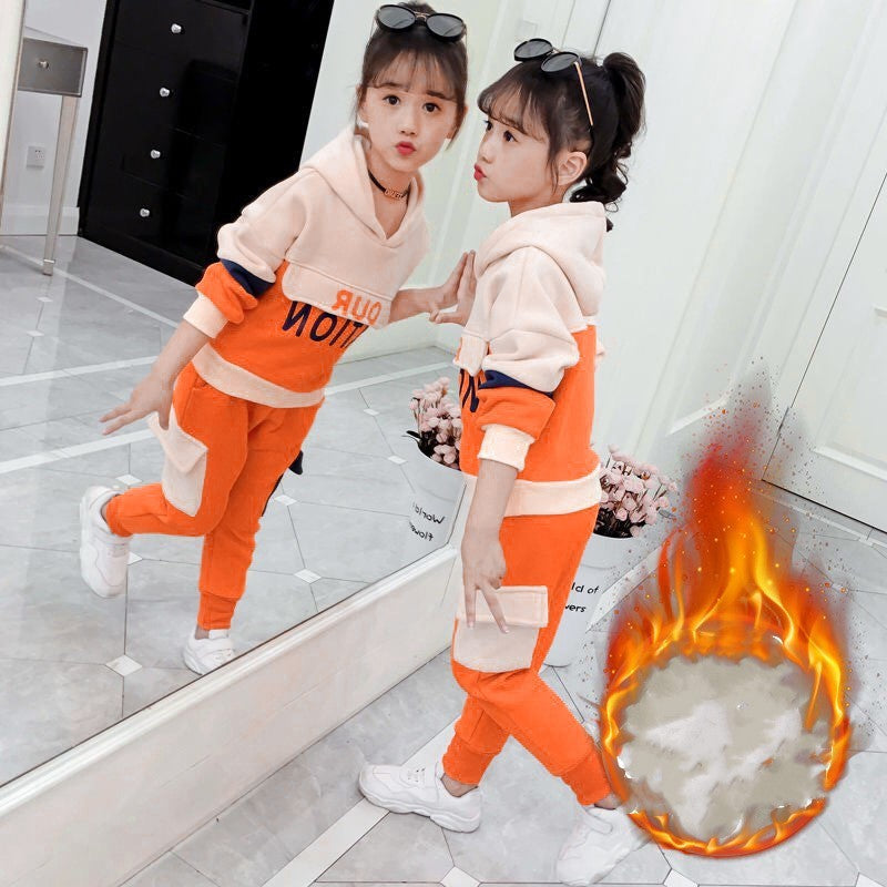 Boys and girls clothing plus fleece jacket hooded sweater - Girl Thick orange / 140cm