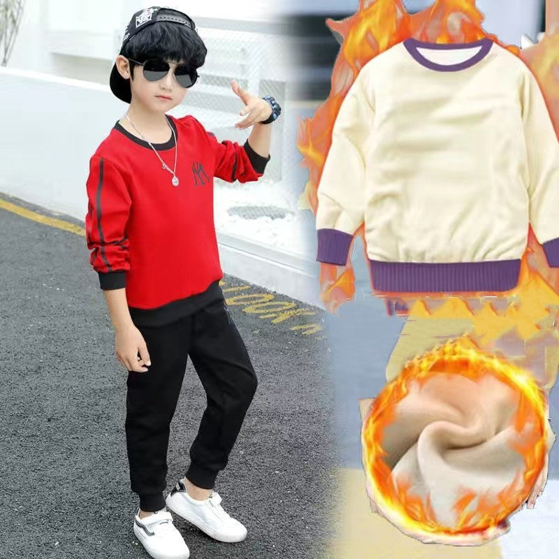 Boys and girls clothing plus fleece jacket hooded sweater - Red / 120cm