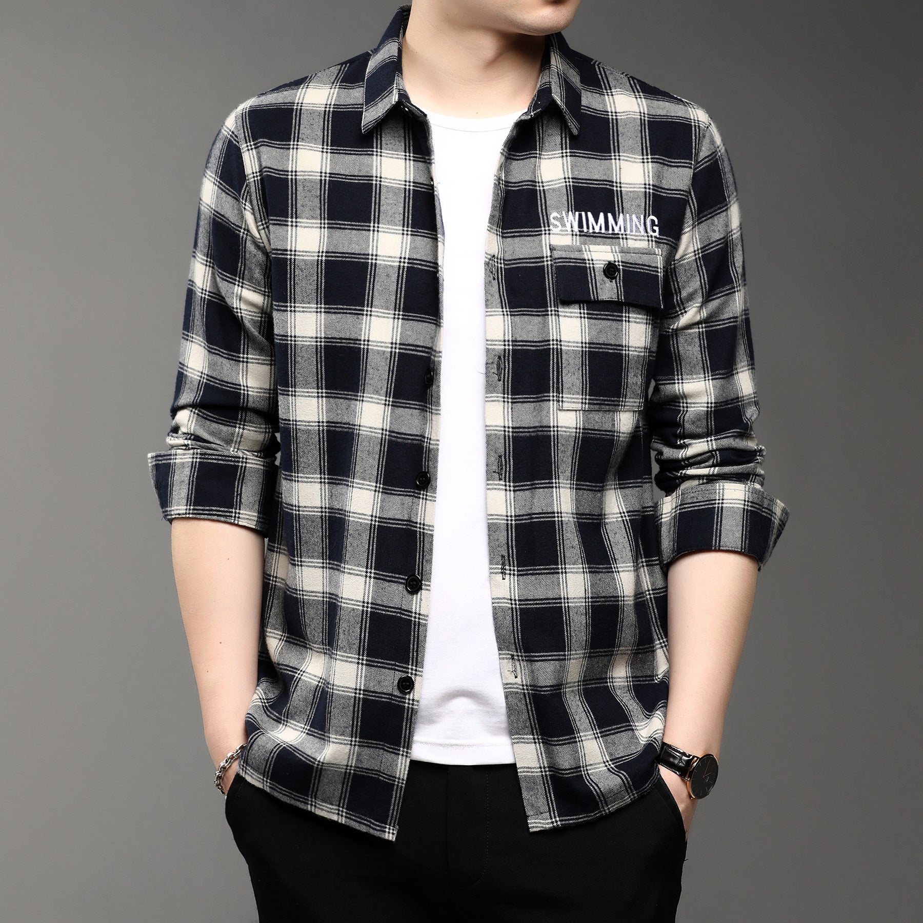 Casual Lapel Plaid Men’s Long Sleeve Shirt